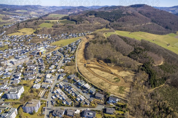Aerial view, residential area Schedenweg, construction road at the forest for planned new development area, forest area and hilly landscape, Meschede town, Meschede, Sauerland, North Rhine-Westphalia, Germany, DE, Europe, property tax, real estate, aerial view, aerial photography, aerial photography, overview, bird's-eye view, residential complex, living and living, residential area, quality of life, residential neighbourhood, housing estate, residential area, birds-eyes view, overview