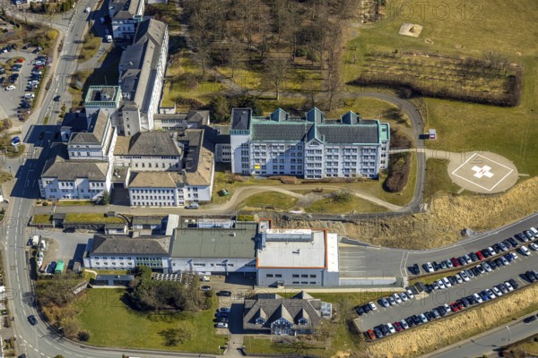 Aerial view, St. Walburga Hospital with helipad, Meschede town, Meschede, Sauerland, North Rhine-Westphalia, Germany, DE, Europe, healthcare, hospital, helipad, clinic, clinic centre, hospital, aerial photograph, aerial photography, aerial photography, medical facility, medical aid, overview, bird's-eye view, overview, medical care