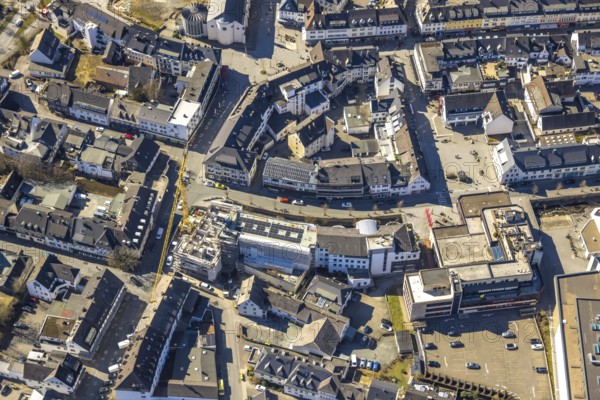 Aerial view, construction site with construction crane at Winziger Platz corner Zeughausstraße and river Henne Promenade, Meschede-Stadt, Meschede, Sauerland, North Rhine-Westphalia, Germany, construction work, construction area, building site, building plots, construction project, construction site, DE, Europe, aerial view, aerial photography, aerial photography, new building, overview, bird's-eye view, bird's-eye view, overview