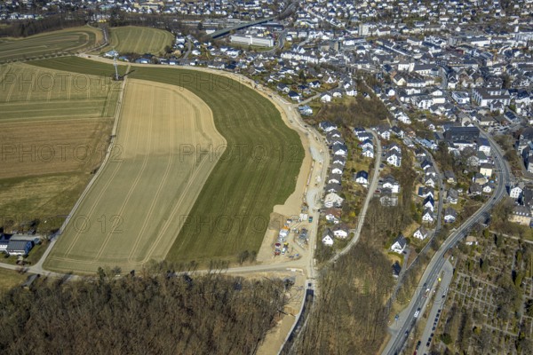 Aerial view, road construction, construction road and extension Langelohweg, Meschede-Stadt, Meschede, Sauerland, North Rhine-Westphalia, Germany, DE, Europe, aerial view, aerial photography, aerial photography, overview, bird's-eye view, overview
