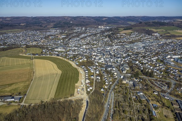 Aerial view, road construction, construction road and extension Langelohweg, Meschede-Stadt, Meschede, Sauerland, North Rhine-Westphalia, Germany, DE, Europe, aerial view, aerial photography, aerial photography, overview, bird's-eye view, overview