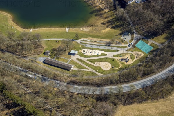 Aerial view, adventure playground Pirate Bay at the Hennesee, kiosk and snack bar Meating am See, Berghausen, Meschede, Sauerland, North Rhine-Westphalia, Germany, DE, Europe, Hennetalsperre, aerial view, aerial photography, aerial photography, overview, bird's-eye view, overview