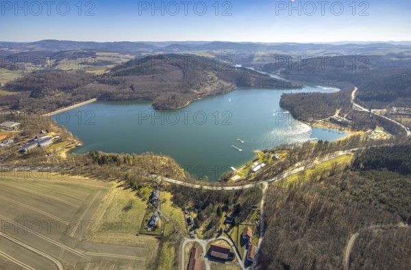 Aerial view, Hennesee Hennetalsperre with dam wall, forest area and hilly landscape, Berghausen, Meschede, Sauerland, North Rhine-Westphalia, Germany, DE, Europe, aerial view, aerial photography, aerial photography, dam, overview, bird's-eye view, overview