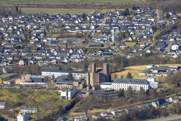 Aerial view, Abbey Königsmünster monastery with Benedictine grammar school, Meschede town, Meschede, Sauerland, North Rhine-Westphalia, Germany, education, educational institution, DE, Europe, grammar school, monastery, educational institute, aerial view, aerial photography, aerial photography, school, overview, bird's-eye view, overview