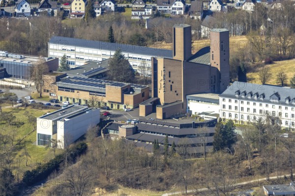 Aerial view, Abbey Königsmünster monastery with Benedictine grammar school, Meschede town, Meschede, Sauerland, North Rhine-Westphalia, Germany, education, educational institution, DE, Europe, grammar school, monastery, educational institute, aerial view, aerial photography, aerial photography, school, overview, bird's-eye view, overview