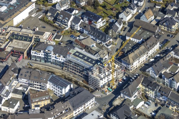 Aerial view, construction site with construction crane at Winziger Platz corner Zeughausstraße, Meschede-Stadt, Meschede, Sauerland, North Rhine-Westphalia, Germany, construction work, construction area, building site, building plots, construction project, construction site, DE, Europe, aerial view, aerial photography, aerial photography, aerial photography, new building, overview, bird's eye view, birds-eyes view, overview