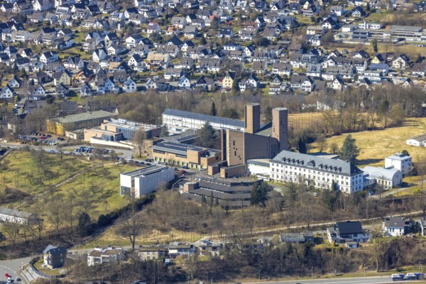 Aerial view, Abbey Königsmünster monastery with Benedictine grammar school, Meschede town, Meschede, Sauerland, North Rhine-Westphalia, Germany, education, educational institution, DE, Europe, grammar school, monastery, educational institute, aerial view, aerial photography, aerial photography, school, overview, bird's-eye view, overview