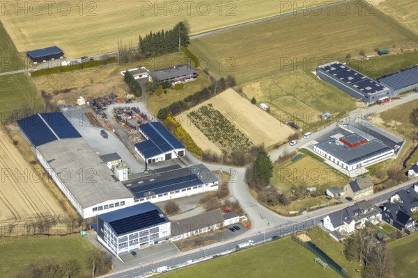 Aerial view, commercial area Voßwinkel, In den Waller Wiesen, solar roofs, Calle, Meschede, Sauerland, North Rhine-Westphalia, Germany, DE, Europe, commercial enterprises, commercial area, commercial property, commercial site, commercial use, industrial area, industrial site, aerial photograph, aerial photography, aerial photography, overview, bird's-eye view, birds-eyes view, overview