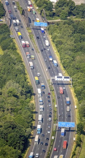 Aerial view, traffic jam on the A2 motorway at the Dortmund-Nordwest junction, Dortmund-Mengede junction, Dortmund-Ems canal bridge, Schwieringhausen, Dortmund, Ruhr area, North Rhine-Westphalia, Germany, DE, Europe, aerial view, aerial photography, aerial photography, overview, bird's-eye view, overview