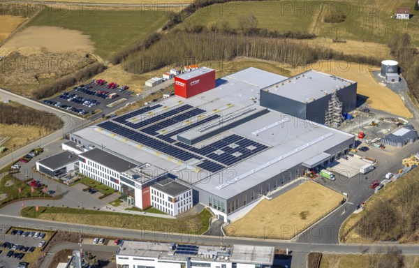 Aerial view, Enste industrial estate with citizen solar park on the A46 motorway, ITH Schraubtechnik, Enste, Meschede, Sauerland, North Rhine-Westphalia, Germany, DE, Europe, photovoltaics, commercial enterprises, commercial space, commercial area, commercial property, commercial site, commercial use, industrial area, industrial site, aerial view, aerial photography, aerial photography, photovoltaic plant, solar, solar plant, solar roof, solar energy, solar panel, solar park, solar power plant, overview, bird's-eye view, overview