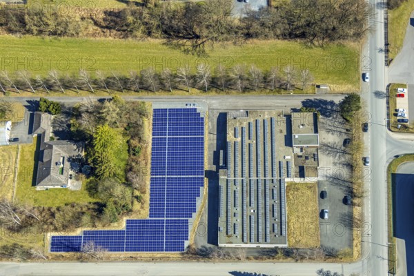 Aerial view, commercial area Enste with citizen solar park at the motorway A46, Enste, Meschede, Sauerland, North Rhine-Westphalia, Germany, DE, Europe, photovoltaic, commercial enterprises, commercial area, commercial property, commercial site, commercial use, industrial area, industrial site, aerial view, aerial photography, aerial photography, photovoltaic plant, solar, solar plant, solar roof, solar energy, solar panel, solar park, solar power plant, overview, bird's-eye view, birds-eyes view, overview