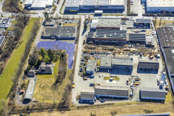 Aerial view, commercial area Enste with citizen solar park at the motorway A46, Enste, Meschede, Sauerland, North Rhine-Westphalia, Germany, DE, Europe, photovoltaic, commercial enterprises, commercial area, commercial property, commercial site, commercial use, industrial area, industrial site, aerial view, aerial photography, aerial photography, photovoltaic plant, solar, solar plant, solar roof, solar energy, solar panel, solar park, solar power plant, overview, bird's-eye view, birds-eyes view, overview