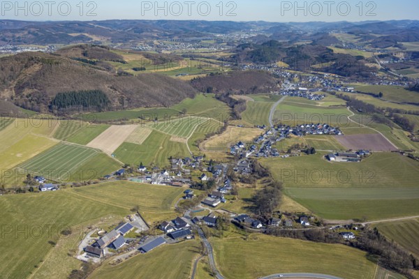Aerial view, residential area, view of Visbeck district, wooded area and hilly landscape, Meschede, Sauerland, North Rhine-Westphalia, Germany, DE, Europe, property tax, real estate, aerial view, aerial photography, aerial photography, overview, bird's-eye view, residential complex, housing and living, residential area, quality of living, residential neighbourhood, housing estate, residential district, bird's-eye view, overview
