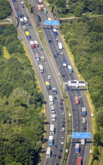 Aerial view, traffic jam on the A2 motorway at the Dortmund-Nordwest junction, Dortmund-Mengede junction, Dortmund-Ems canal bridge, Schwieringhausen, Dortmund, Ruhr area, North Rhine-Westphalia, Germany, DE, Europe, aerial view, aerial photography, aerial photography, overview, bird's-eye view, overview
