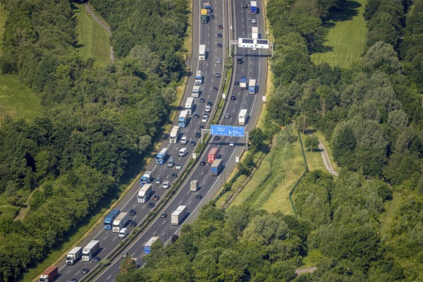 Aerial view, traffic jam on the A2 motorway at the Dortmund-Nordwest junction Dortmund-Mengede, Schwieringhausen, Dortmund, Ruhr area, North Rhine-Westphalia, Germany, DE, Europe, aerial view, aerial photography, aerial photography, overview, bird's-eye view, overview