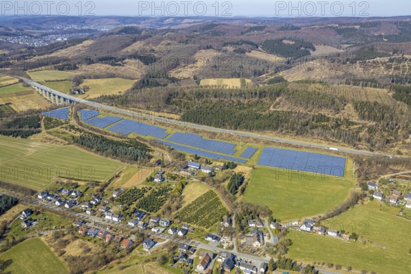 Aerial view, solar park on the A46 motorway near Stockhausen, forest area with forest damage, Wennemen, Meschede, Sauerland, North Rhine-Westphalia, Germany, DE, Europe, photovoltaic, aerial view, aerial photography, aerial photography, photovoltaic plant, solar, solar plant, solar roof, solar energy, solar panel, solar park, solar power plant, overview, bird's-eye view, bird's-eye view, overview