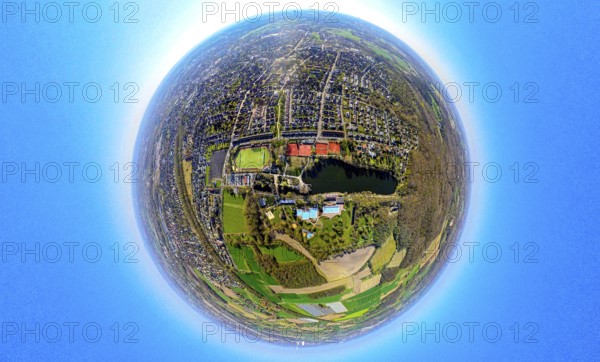 Aerial view, residential area, view of Alt-Lünen with Cappenberger See and outdoor pool Cappenberger See, globe, fisheye image, 360 degree image, tiny world, little planet, fisheye image, Nordlünen, Lünen, Ruhr area, North Rhine-Westphalia, Germany, DE, Europe, fisheye lens, fisheye lens, property tax, real estate, aerial photography, aerial photography, aerial photography, super wide angle lens, overview, bird's eye view, housing estate, housing and living, residential area, quality of living, residential neighbourhood, housing estate, residential area, birds-eyes view, fisheye lens, insta360 camera, overview
