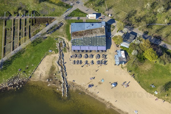 Aerial view, Café Seepark Lünen with outdoor catering and sandy beach at Horstmarer See, Horstmar, Lünen, Ruhr area, North Rhine-Westphalia, Germany, DE, Europe, aerial view, aerial photography, aerial photography, Münsterland, overview, bird's-eye view, bird's-eye view, overview