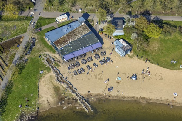 Aerial view, Café Seepark Lünen with outdoor catering and sandy beach at Horstmarer See, Horstmar, Lünen, Ruhr area, North Rhine-Westphalia, Germany, DE, Europe, aerial view, aerial photography, aerial photography, Münsterland, overview, bird's-eye view, bird's-eye view, overview
