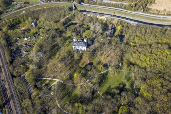 Aerial view, Schwansbell Castle with two towers, former knight's seat of the Lords of Schwansbell, Horstmar, Lünen, Ruhr area, North Rhine-Westphalia, Germany, DE, monument protection, Europe, aerial view, aerial photography, aerial photography, Münsterland, private property, castle, overview, bird's-eye view, overview