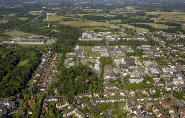 Aerial view, commercial area Minister Achenbach I/II Zechenstraße, terraced house settlement Elsa-Brandström-Straße am Volkspark, Brambauer, Lünen, Ruhr area, North Rhine-Westphalia, Germany, DE, Europe, commercial enterprises, commercial area, commercial property, commercial park, commercial location, commercial use, property tax, real estate, industrial area, industrial location, aerial view, aerial photography, aerial photography, overview, bird's-eye view, residential area, housing and living, residential area, residential quality, residential neighbourhood, residential estate, residential district, birds-eyes view, overview
