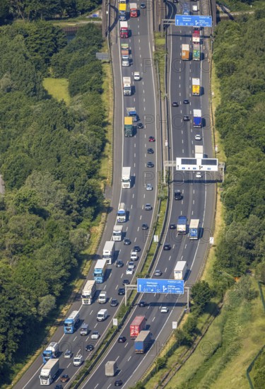 Aerial view, traffic jam on the A2 motorway at the Dortmund-Nordwest junction Dortmund-Mengede, Schwieringhausen, Dortmund, Ruhr area, North Rhine-Westphalia, Germany, DE, Europe, aerial view, aerial photography, aerial photography, overview, bird's-eye view, overview
