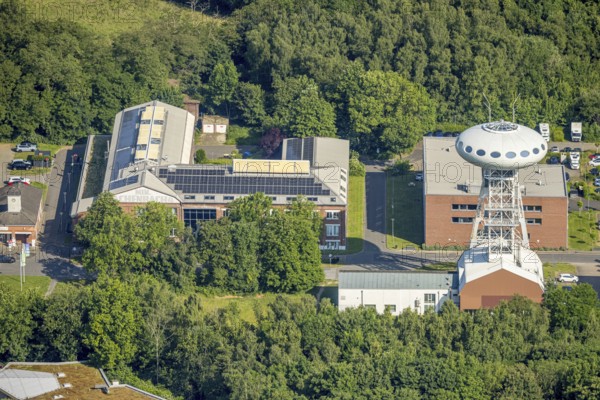 Aerial view, winding tower sculpture Colani UFO, also Colani Egg in the Lüntec start-up centre, on the site of the former Minister Achenbach Schacht 4 colliery, Brambauer, Lünen, Ruhr area, North Rhine-Westphalia, Germany, DE, Europe, artwork, aerial view, aerial photography, aerial photography, overview, bird's-eye view, colliery, birds-eyes view, overview