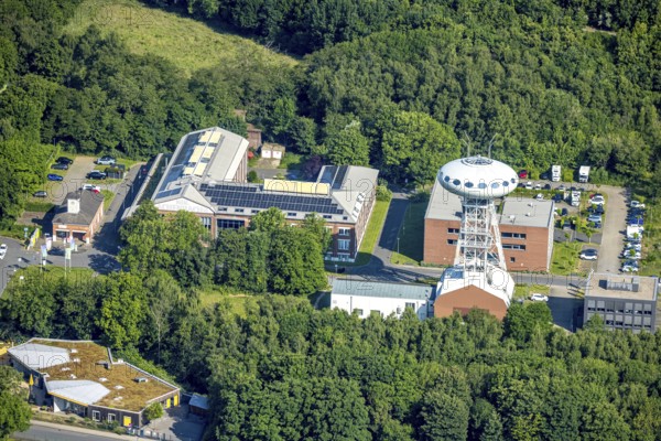 Aerial view, winding tower sculpture Colani UFO, also Colani Egg in the Lüntec start-up centre, on the site of the former Minister Achenbach Schacht 4 colliery, Brambauer, Lünen, Ruhr area, North Rhine-Westphalia, Germany, DE, Europe, artwork, aerial view, aerial photography, aerial photography, overview, bird's-eye view, colliery, birds-eyes view, overview