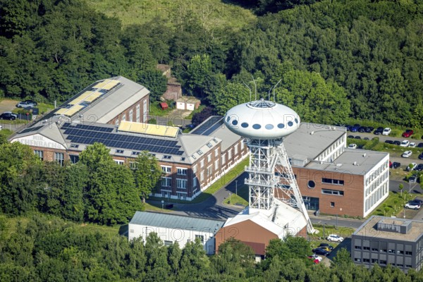 Aerial view, winding tower sculpture Colani UFO, also Colani Egg in the Lüntec start-up centre, on the site of the former Minister Achenbach Schacht 4 colliery, Brambauer, Lünen, Ruhr area, North Rhine-Westphalia, Germany, DE, Europe, artwork, aerial view, aerial photography, aerial photography, overview, bird's-eye view, colliery, birds-eyes view, overview