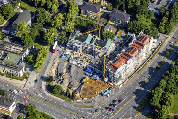 Aerial view, Quartier Lange Straße 100, construction site with new building, Lünen, Ruhr area, North Rhine-Westphalia, Germany, construction work, construction area, construction site, building plots, construction project, construction site, DE, Europe, aerial view, aerial photography, aerial photography, new building, overview, bird's-eye view, overview