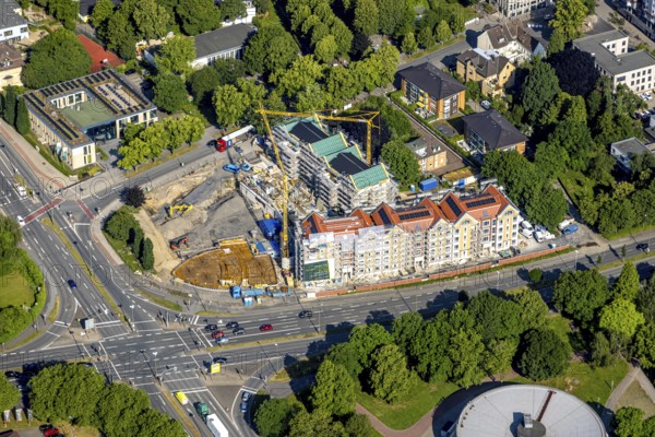 Aerial view, Quartier Lange Straße 100, construction site with new building, Lünen, Ruhr area, North Rhine-Westphalia, Germany, construction work, construction area, construction site, building plots, construction project, construction site, DE, Europe, aerial view, aerial photography, aerial photography, new building, overview, bird's-eye view, overview