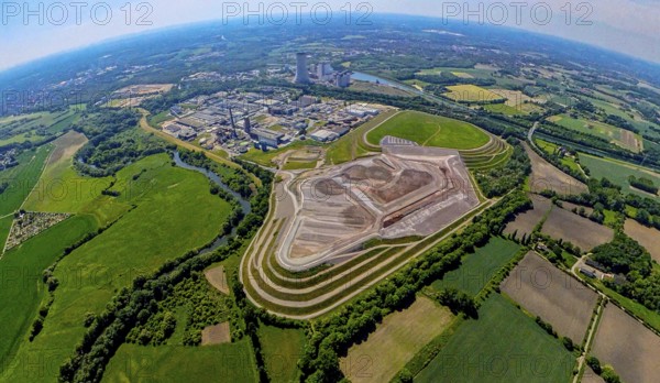 Aerial photo, landfill site at Lünener Straße, Remondis Lippewerk recycling centre and Trianel coal-fired power plant Lünen GmbH, river Lippe meander and Datteln-Hamm canal, globe, fisheye image, fisheye image, 360 degree image, tiny world, little planet, fisheye image, Lippholthausen, Lünen, Ruhr area, North Rhine-Westphalia, Germany, DE, Europe, fisheye lens, fisheye lens, aerial photography, aerial photography, super wide angle lens, overview, bird's eye view, birds-eyes view, fisheye lens, insta360 camera, overview