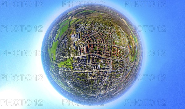 Aerial photo, residential area, view of old Lünen, globe, fisheye shot, 360 degree shot, tiny world, little planet, fisheye image, Nordlünen, Lünen, Ruhr area, North Rhine-Westphalia, Germany, DE, Europe, fisheye lens, fisheye lens, property tax, real estate, aerial photography, aerial photography, super wide angle lens, overview, bird's eye view, housing estate, housing and living, residential area, quality of living, residential neighbourhood, housing estate, residential area, birds-eyes view, fisheye lens, insta360 camera, overview