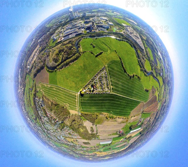 Aerial view, river Lippeauen West with triangular KGV Grüne Insel allotment garden association, earth globe, fisheye image, 360 degree image, tiny world, little planet, fisheye image, Alstedde, Lünen, Ruhr area, North Rhine-Westphalia, Germany, DE, Europe, fisheye lens, fisheye lens, community garden, allotment garden, allotment garden site, allotment garden association, allotment gardener association, allotment garden colony, aerial view, aerial photography, aerial photography, allotment garden, super wide angle lens, overview, bird's eye view, fisheye lens, insta360 camera, overview