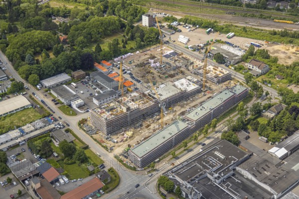 Aerial view, construction site with new building in the commercial area Am Trimbuschhof, Sodingen, Herne, Ruhr area, North Rhine-Westphalia, Germany, Am Trimbuschhof, arrangement, architecture, construction work, construction area, construction site, building plots, construction cranes, construction project, construction site, business area, DE, drone image, development, Europe, progress, building, terrain, commercial buildings, commercial enterprises, commercial area, commercial area, commercial property, commercial park, commercial site, commercial use, industrial area, industrial site, infrastructure, construction, land development, aerial photography, aerial photography, aerial photography, machinery, new construction, perspective, regions, summer, city view, urban development, urban planning, daylight, technology, overview, urban, bird's-eye view, economy, birds-eyes view, modern, overview, HernerechtsderA43