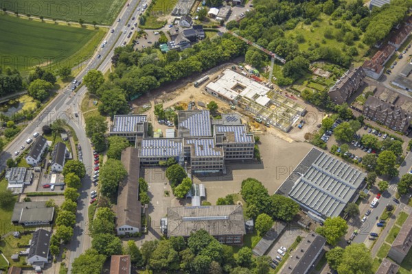 Aerial view, Mont-Cenis-Gesamtschule MCG, construction site with new building extension, Sodingen, Herne, Ruhr area, North Rhine-Westphalia, Germany, construction work, construction area, construction site, building plots, construction project, construction site, DE, Europe, aerial view, aerial photography, aerial photography, new building, overview, bird's-eye view, overview, HernerechtsderA43