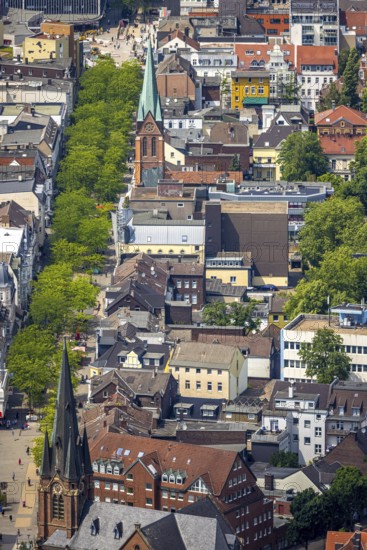 Aerial view, Kreuzkirche at the entrance of Bahnhofstraße pedestrian zone with green trees, above the St. Boniface Church, Herne-Mitte, Herne, Ruhr area, North Rhine-Westphalia, Germany, place of worship, DE, shopping street, Europe, pedestrian area, pedestrian zone, religious community, place of worship, holy place, church, parish, denomination, aerial view, aerial photography, aerial photography, religion, religious site, overview, bird's-eye view, overview, HernerechtsderA43