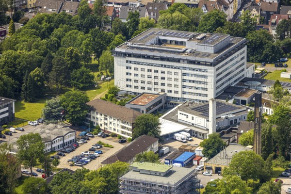 Aerial view, evang. hospital with extension, Herne-Mitte, Herne, Ruhr area, North Rhine-Westphalia, Germany, construction work, construction area, construction site, building plots, construction crane, construction measure, construction project, construction site, DE, Europe, health care, hospital, clinic, clinic centre, hospital, aerial photograph, aerial photography, aerial photography, medical facility, medical aid, new building, overview, bird's-eye view, overview, medical care, HernerechtsderA43