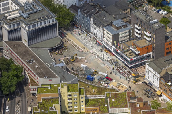 Aerial view, Robert-Brauner-Platz with Stadt Forum Herne, pedestrian zone Bahnhofstraße with construction site, WAZ Medienhaus, Herne-Mitte, Herne, Ruhr area, North Rhine-Westphalia, Germany, construction work, construction area, building site, building plots, construction project, construction site, DE, Europe, aerial view, aerial photography, aerial photography, new building, overview, bird's-eye view, overview, HernerechtsderA43