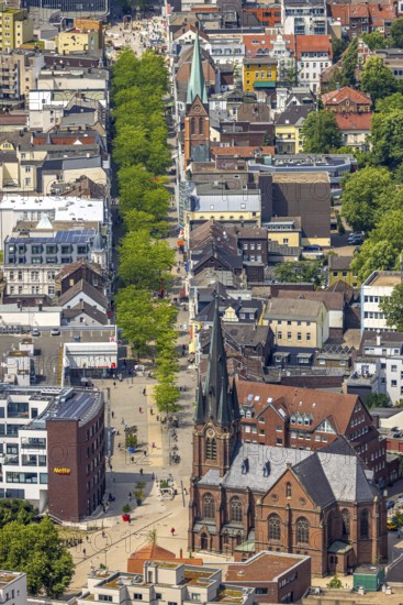 Aerial view, Kreuzkirche at the entrance of Bahnhofstraße pedestrian zone with green trees, above the St. Boniface Church, Herne-Mitte, Herne, Ruhr area, North Rhine-Westphalia, Germany, place of worship, DE, shopping street, Europe, pedestrian area, pedestrian zone, religious community, place of worship, holy place, church, parish, denomination, aerial view, aerial photography, aerial photography, religion, religious site, overview, bird's-eye view, overview, HernerechtsderA43