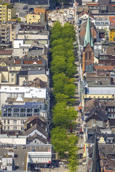 Aerial view, Bahnhofstraße pedestrian zone with green trees and St. Boniface Church, Herne-Mitte, Herne, Ruhr area, North Rhine-Westphalia, Germany, place of worship, DE, shopping street, Europe, pedestrian area, pedestrian zone, religious community, place of worship, holy place, church, parish, denomination, aerial view, aerial photography, aerial photography, religion, religious site, overview, bird's-eye view, overview, HernerechtsderA43