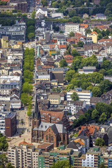Aerial view, Kreuzkirche at the entrance of Bahnhofstraße pedestrian zone with green trees, above the St. Boniface Church, Herne-Mitte, Herne, Ruhr area, North Rhine-Westphalia, Germany, place of worship, DE, shopping street, Europe, pedestrian area, pedestrian zone, religious community, place of worship, holy place, church, parish, denomination, aerial view, aerial photography, aerial photography, religion, religious site, overview, bird's-eye view, overview, HernerechtsderA43