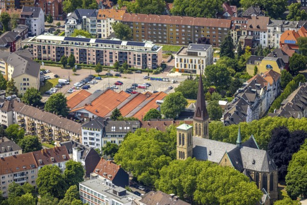 Aerial view, market place Siepenstraße and Herz-Jesu-Kirche, Herne-Mitte, Herne, Ruhr area, North Rhine-Westphalia, Germany, DE, Europe, aerial view, aerial photography, aerial photography, overview, birds-eyes view, overview, HernerechtsderA43