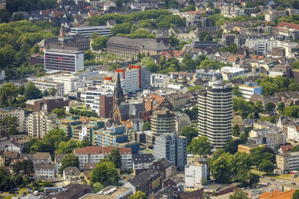 Aerial view, city centre view, residential area with KreuzKirche and high-rise residential tower and the Kreuzkirche, behind the town hall, Herne-Mitte, Herne, Ruhr area, North Rhine-Westphalia, Germany, place of worship, DE, Europe, religious community, place of worship, property tax, holy place, real estate, church, parish, denomination, aerial view, aerial photography, aerial photography, religion, religious site, overview, bird's-eye view, residential area, living and life, residential area, quality of life, residential neighbourhood, housing estate, residential area, birds-eyes view, overview, HernerechtsderA43