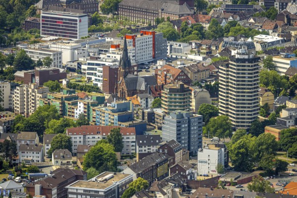 Aerial view, city centre view, residential area with KreuzKirche and high-rise residential tower and the Kreuzkirche, Herne-Mitte, Herne, Ruhr area, North Rhine-Westphalia, Germany, place of worship, DE, Europe, religious community, place of worship, property tax, holy place, real estate, church, parish, denomination, aerial view, aerial photography, aerial photography, religion, religious site, overview, bird's-eye view, housing estate, housing and living, residential area, residential quality, residential neighbourhood, housing estate, residential district, birds-eyes view, overview, HernerechtsderA43