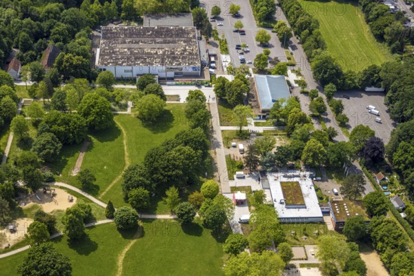 Aerial view, Hannibal-Arena ice rink in Revierpark Gysenberg, restaurants and meadow, Börnig, Herne, Ruhr area, North Rhine-Westphalia, Germany, DE, Europe, aerial view, aerial photography, aerial photography, overview, bird's-eye view, overview, HernerechtsderA43