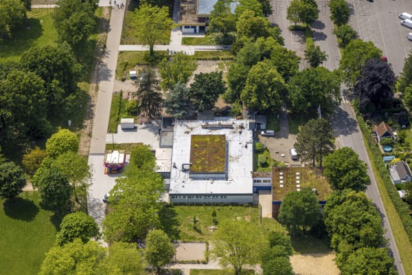 Aerial view, event centre Am Revierpark Gysenberg, Olis Restaurant, green roof, Börnig, Herne, Ruhr area, North Rhine-Westphalia, Germany, DE, Europe, aerial view, aerial photography, aerial photography, overview, bird's-eye view, overview, HernerechtsderA43