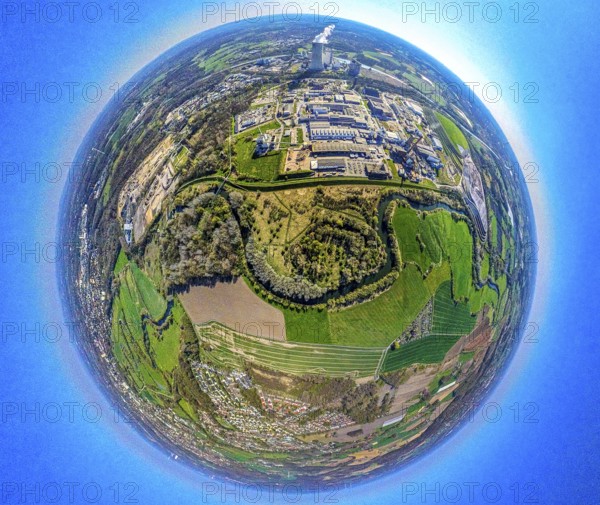 Aerial view, Lippe floodplain nature reserve from Lünen to Horst lock, Buddenburg castle memorial memorial, Lippholthausen industrial estate, globe, fisheye image, 360 degree image, tiny world, little planet, fisheye image, Lippholthausen, Lünen, Ruhr area, North Rhine-Westphalia, Germany, DE, Europe, fisheye lens, fisheye lens, commercial enterprises, commercial area, commercial area, commercial property, commercial park, commercial location, commercial use, industrial area, industrial location, aerial photography, aerial photography, aerial photography, super wide angle lens, overview, bird's eye view, birds-eyes view, fisheye lens, insta360 camera, overview