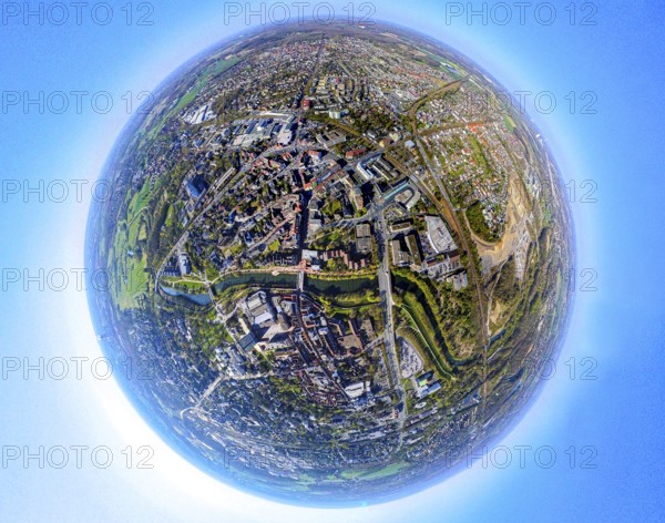 Aerial photo, residential area, local view Lünen-North, globe, fisheye shot, 360 degree shot, tiny world, little planet, fisheye image, Nordlünen, Lünen, Ruhr area, North Rhine-Westphalia, Germany, DE, Europe, fisheye lens, fisheye lens, property tax, real estate, aerial photography, aerial photography, super wide angle lens, overview, bird's eye view, housing estate, housing and living, residential area, quality of living, residential neighbourhood, housing estate, residential area, birds-eyes view, fisheye lens, insta360 camera, overview