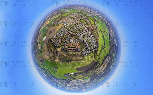Aerial view, residential area, local view Alstedde, earth globe, fisheye shot, 360 degree shot, tiny world, little planet, fisheye image, Alstedde, Lünen, Ruhr area, North Rhine-Westphalia, Germany, DE, Europe, fisheye lens, fisheye lens, property tax, real estate, aerial photography, aerial photography, super wide-angle lens, overview, bird's-eye view, housing estate, housing and living, residential area, quality of living, residential neighbourhood, housing estate, residential area, birds-eyes view, fisheye lens, insta360 camera, overview
